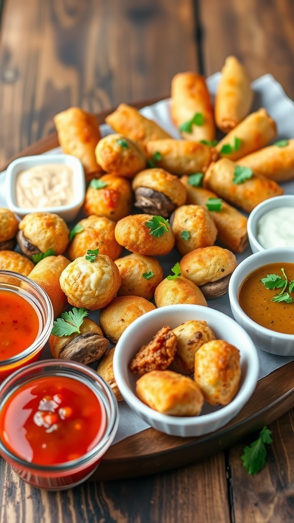 A vibrant assortment of air fryer appetizers including mozzarella balls, stuffed mushrooms, and mini egg rolls on a wooden platter.